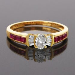 Golden Oval & Asscher Cut White & Ruby Sapphire Engagement Ring For Women