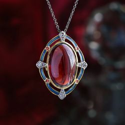 Two Tone Halo Oval Cabochon Cut Red Sapphire Art Deco Pendant Necklace For Women