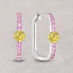Classic Round & Princess Cut Pink & Yellow Sapphire Hoop Earrings For Women