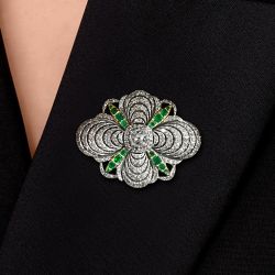 Two Tone Cushion & Round Cut White & Emerald Sapphire Vintage Brooch Pin