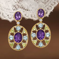 Golden Bezel Oval & Round Cut Amethyst & Aquamarine & Peridot Sapphire Vintage Drop Earrings 