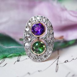 Two Tone Bezel Round Cut Amethyst & Peridot Sapphire Art Deco Cocktail Engagement Ring