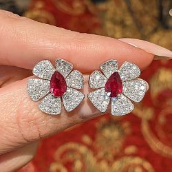 Pave Setting Floral Pear & Round Cut Ruby & White Sapphire Stud Earrings