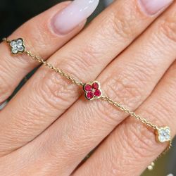 Golden Clover Round Cut Ruby & White Sapphire Tennis Bracelet For Women