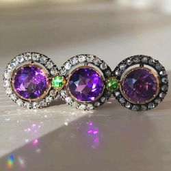 Two Tone Halo Round Cut Amethyst & Peridot & White Sapphire Vintage Brooch Pin For Women
