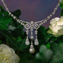 Milgrain Round Cut White Sapphire & Pearl Art Deco Pendant Necklace For Women