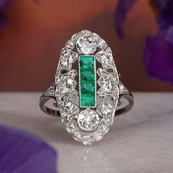 Milgrain Asscher & Round Cut Emerald & White Sapphire Art Deco Engagement Ring