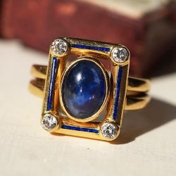 Golden Split Shank Oval Cabochon Cut Blue & White Sapphire Vintage Engagement Ring