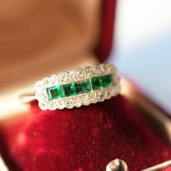 Two Tone Emerald & Round Cut Emerald & White Sapphire Art Deco Wedding Band For Women
