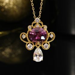 Golden Oval & Pear Cut Purple & White Sapphire Pendant Necklace For Women