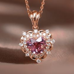 Rose Gold Halo Heart & Round Cut Pink & White Sapphire Pendant Necklace For Women