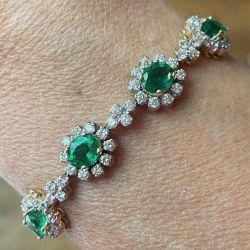 Two Tone Oval & Round Cut Emerald & White Sapphire Tennis Bracelet For Women