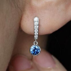 Elegant Bezel Round Cut Blue & White Sapphire Drop Earrings For Women 
