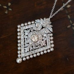 Halo Round Cut White Sapphire & Pearl Art Deco Pendant Necklace & Brooch
