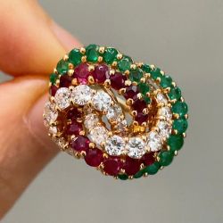 Golden Twist Design Round Cut Emerald & Ruby & White Sapphire Cocktail Engagement Ring