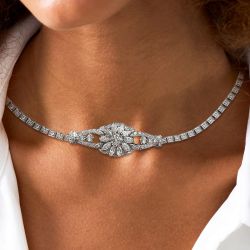 White Sapphire Round & Marquise Cut Art Deco Tennis Necklace For Women