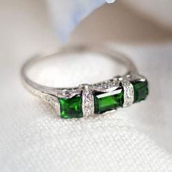 Three Stone Emerald & Asscher Cut Emerald Sapphire Art Deco Engagement Ring