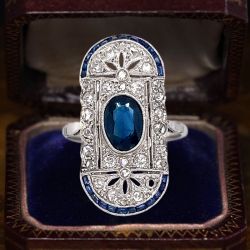 Bezel Milgrain Oval Cut Blue & White Sapphire Art Deco Engagement Ring