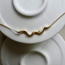 Golden Solitaire Wave Design Pear Cut White Sapphire Pendant Necklace For Women