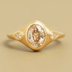 Golden Bezel Curvy Oval & Pear Cut Champagne & White Sapphire Vintage Engagement Ring