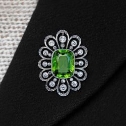 Milgrain Cushion & Round Cut Light Emerald & White Sapphire Brooch Pin For Women