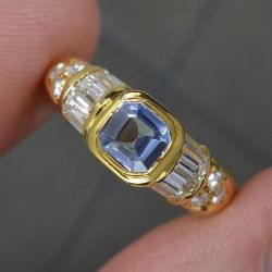 Golden Bezel Asscher & Baguette Cut Blue & White Sapphire Vintage Engagement Ring For Women