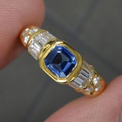 Golden Bezel Asscher & Baguette Cut Blue & White Sapphire Vintage Engagement Ring For Women