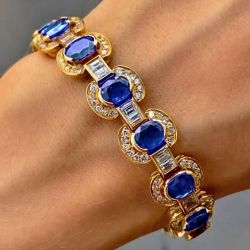 Golden Halo Oval Cut Blue Sapphire Vintage Tennis Bracelet For Women