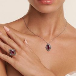 Two Tone Oval Cabochon Cut Ruby Sapphire Art Deco Engagement Ring & Pendant Necklace Set