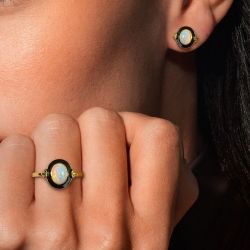 Golden Bezel Oval Cut White Opal Vintage Engagement Ring & Stud Earrings Set