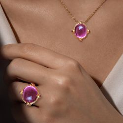 Golden Oval Cabochon Cut Red Sapphire Art Deco Cocktail Ring & Pendant Necklace Set