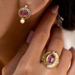 Bezel Oval Cabochon Cut Pink Sapphire & Pearl Drop Earrings & Engagement Ring Set