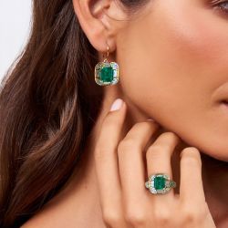 Golden Halo Asscher Cut Emerald & White Sapphire Engagement Ring & Drop Earrings Set