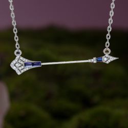 Unique Blue & White Sapphire Baguette & Round Cut Arrow Design Pendant Necklace