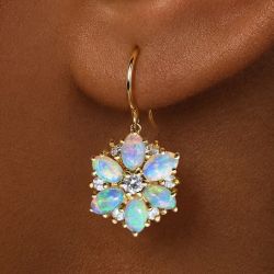 Golden Oval & Round Cut White Sapphire & Opal Drop Earrings For Women