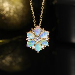 Golden Oval & Round Cut White Sapphire & Opal Pendant Necklace For Women