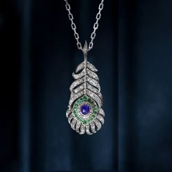 Two Tone Feather Design Emerald & Blue & White Sapphire Oval Cut Vintage Pendant Necklace