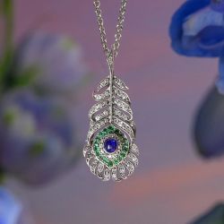 Two Tone Feather Design Emerald & Blue & White Sapphire Oval Cut Vintage Pendant Necklace