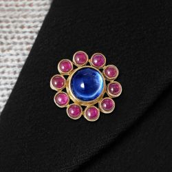 Golden Bezel Round Cabochon Cut Blue & Ruby Sapphire Vintage Brooch Pin For Women