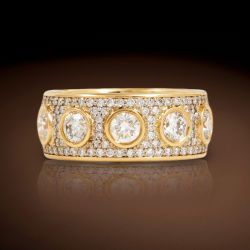 Golden Bezel Pave Setting Round Cut White Sapphire Half Eternity Wedding Band Ring