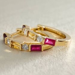 Golden Baguette & Round Cut Yellow & Garnet & Ruby Sapphire Hoop Earrings For Women
