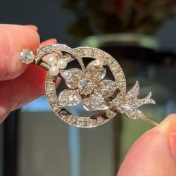 Floral Bird Design Round Cut White Sapphire & Pearl Vintage Brooch Pin For Women