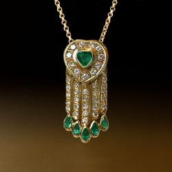 Golden Bezel Heart & Pear Cut Emerald & White Sapphire Vintage Pendant Necklace
