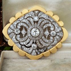 Two Tone Milgrain Round Cut White Sapphire Art Deco Brooch Pin