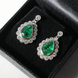 Two Tone Bezel Halo Pear & Round Cut Emerald & White Sapphire Vintage Drop Earrings For Women