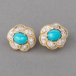 Two Tone Oval & Round Cut Turquoise & White Sapphire Vintage Stud Earrings