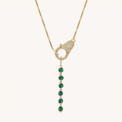 Golden Round Cut Emerald & White Sapphire Lock Pendant Necklace For Women