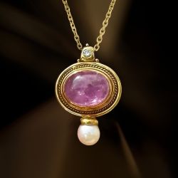 Golden Bezel Oval Cabochon Cut Pink Sapphire & Pearl Art Deco Pendant Necklace For Women