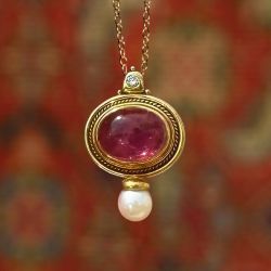 Golden Bezel Oval Cabochon Cut Pink Sapphire & Pearl Art Deco Pendant Necklace For Women