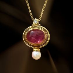 Golden Bezel Oval Cabochon Cut Pink Sapphire & Pearl Art Deco Pendant Necklace For Women